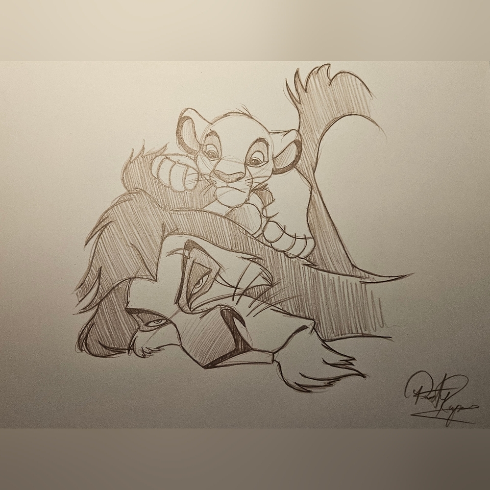 Disney Scar and Simba The Lion King Drawing/Sketch animation signed Art gift